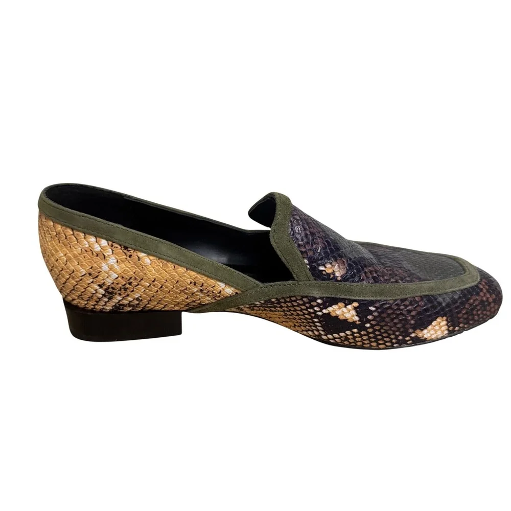 Donald Pliner Rezza Snakeskin Embossed Leather Loafers Olive Suede Trim 8.5M